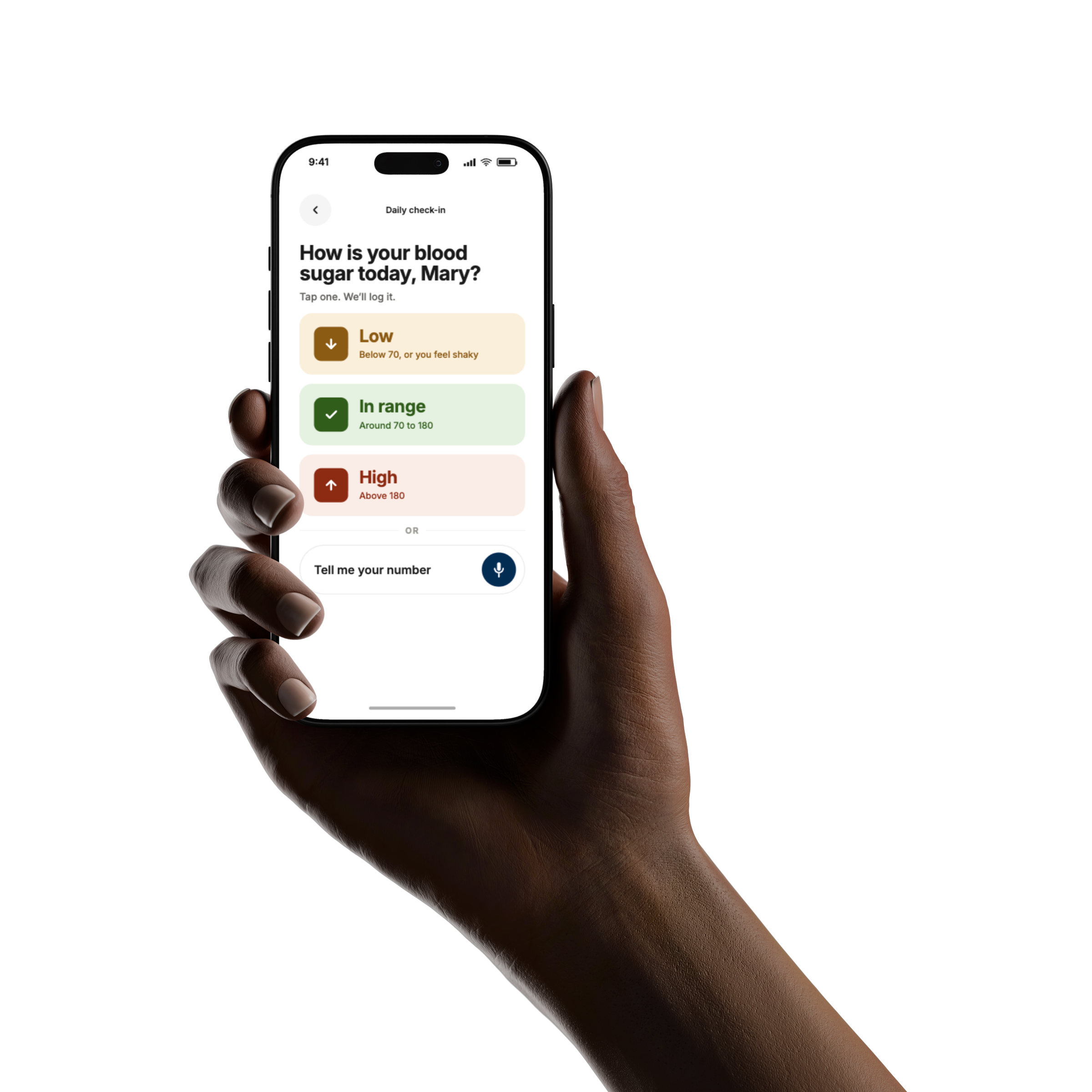 Daily check-in screen — How is your blood sugar today, Mary?